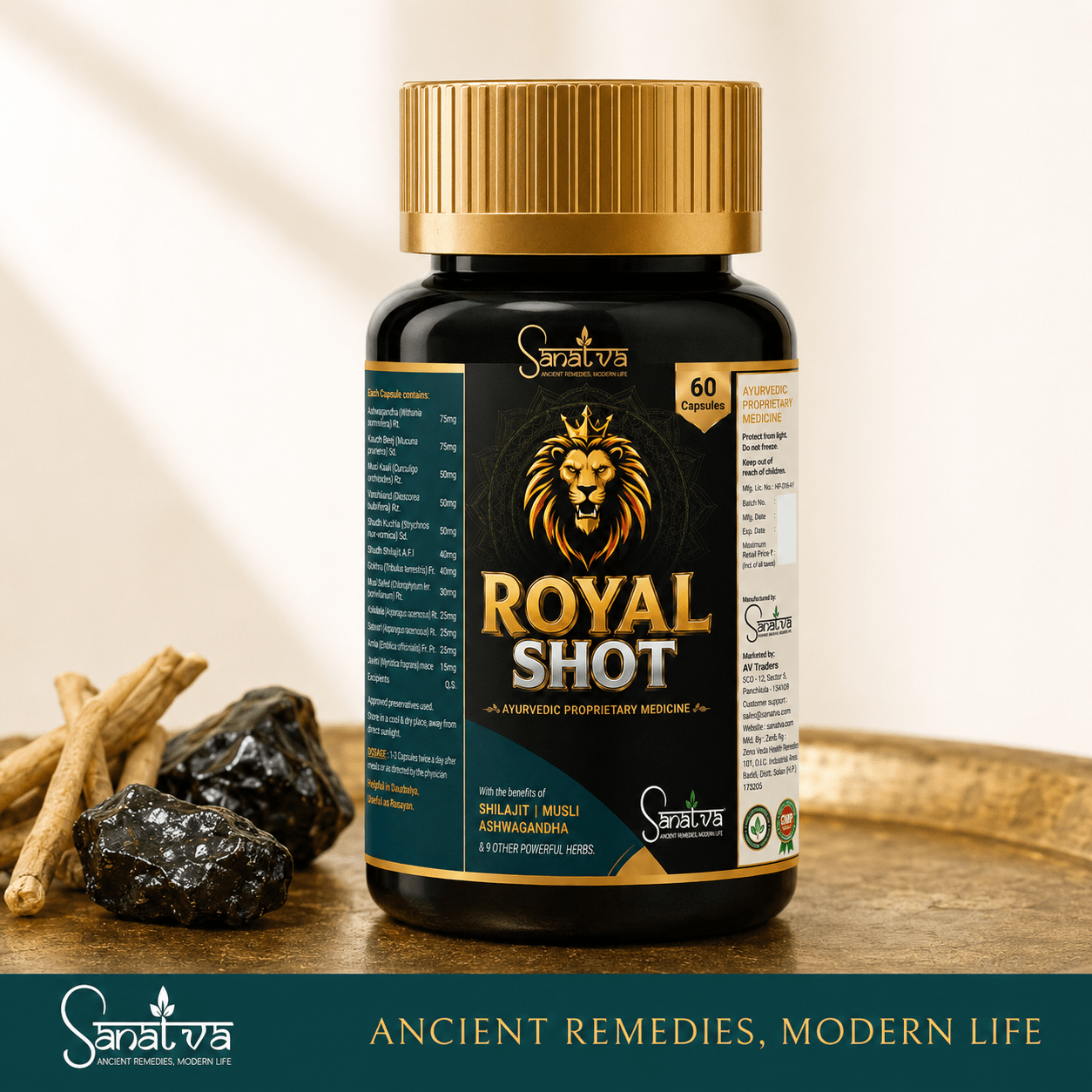 Royal Shot for Men & Women | 60 Capsules with Ashwagandha, Shilajit, Safed Musli & 9 Ayurvedic Herbs | Supports Strength, Stamina, Vitality & Daily Energy | Natural Wellness Supplement for Men and women