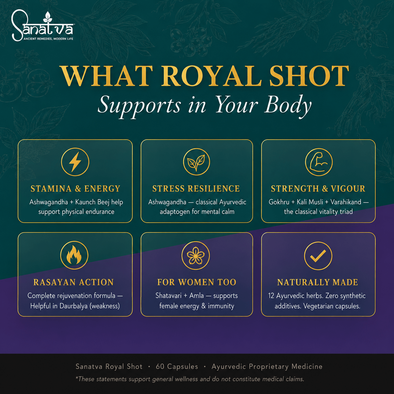 Royal Shot for Men & Women | 60 Capsules with Ashwagandha, Shilajit, Safed Musli & 9 Ayurvedic Herbs | Supports Strength, Stamina, Vitality & Daily Energy | Natural Wellness Supplement for Men and women - Image 3